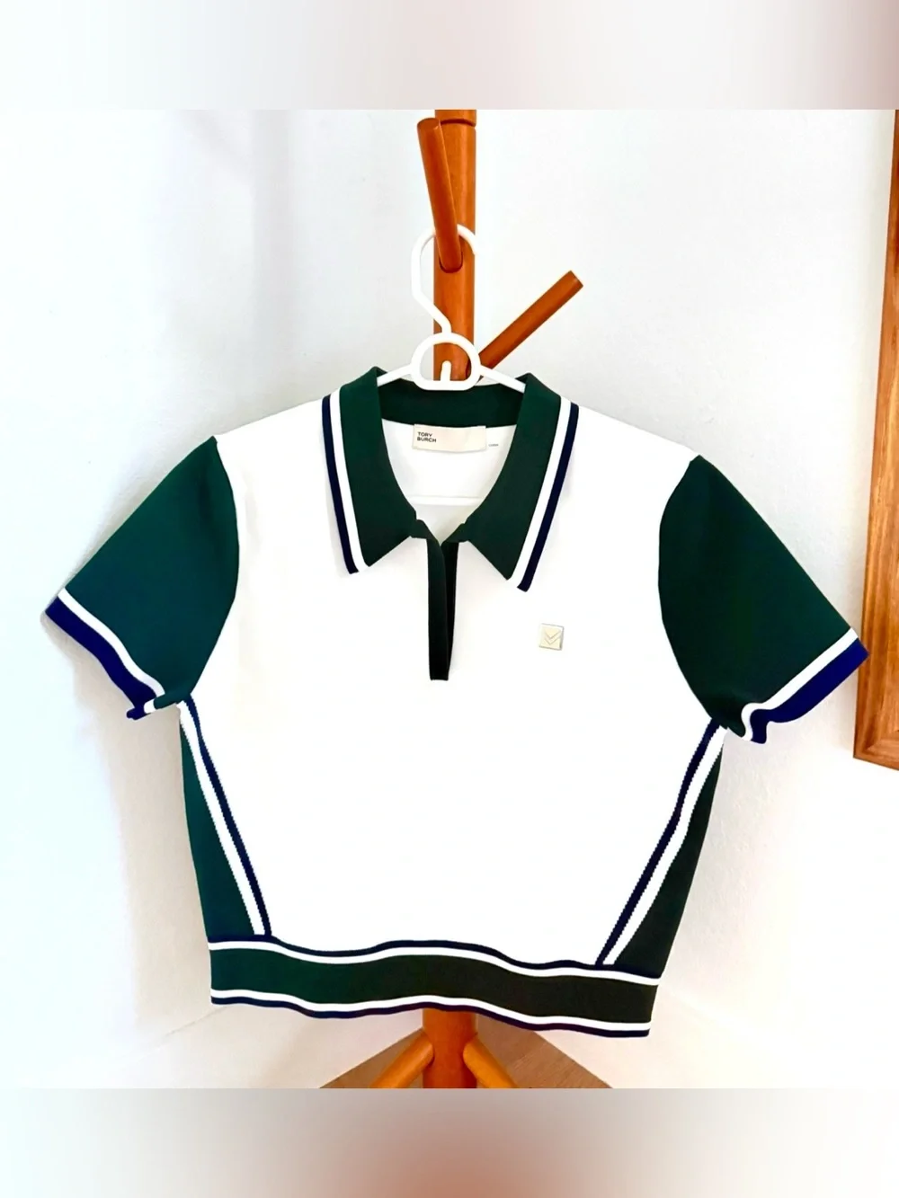 Tory Burch White Polo Top with Dark Green Trim NEW!!